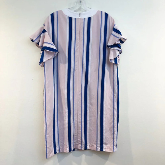 PEARL by Lela Rose Striped Ruffle Sleeve Pink Blue Designer Sheath Mini Dress S - Picture 9 of 10